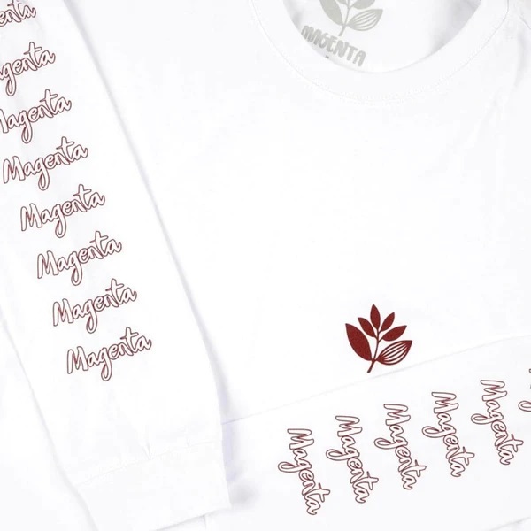 Magenta Plant Script White Long Sleeve Shirt