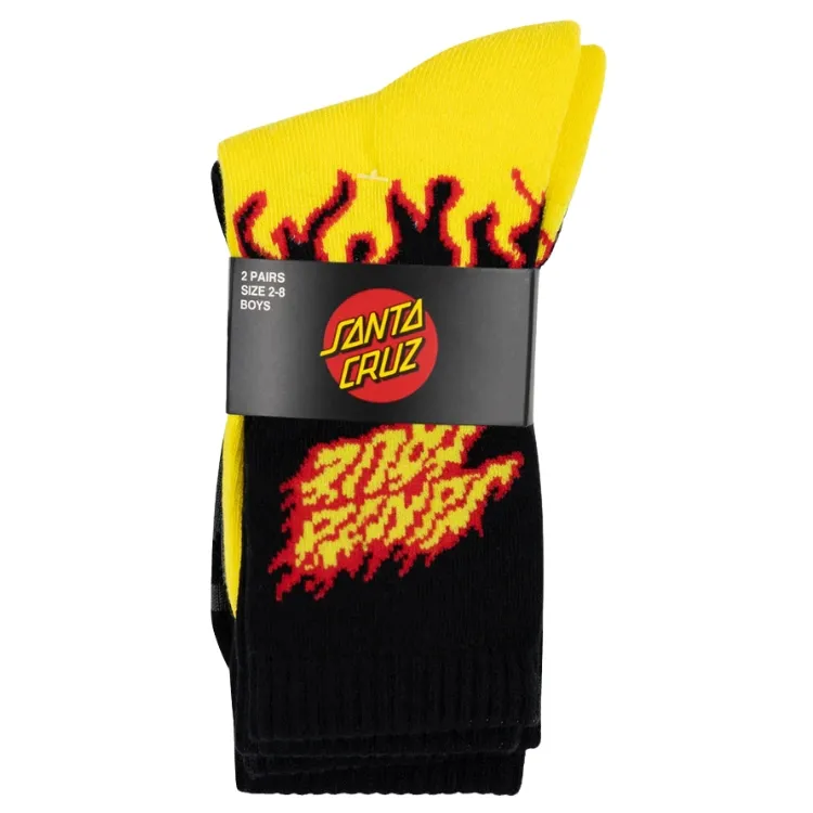 Santa Cruz Flaming Stack Yellow Black Crew 2 Pack Youth Socks