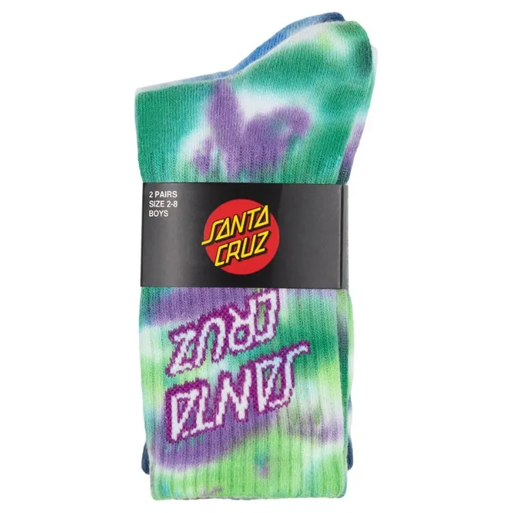 Santa Cruz Stack Strip Blue Tie Dye Light Green Crew 2 Pack Youth Socks