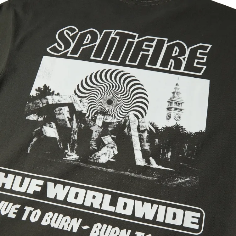 HUF X Spitfire Burn Heavyweight Washed Black T-Shirt [Size: L]