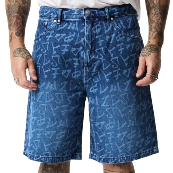 Afends Lil C Hemp Denim Graffiti Blue Baggy Shorts [Size: 30]