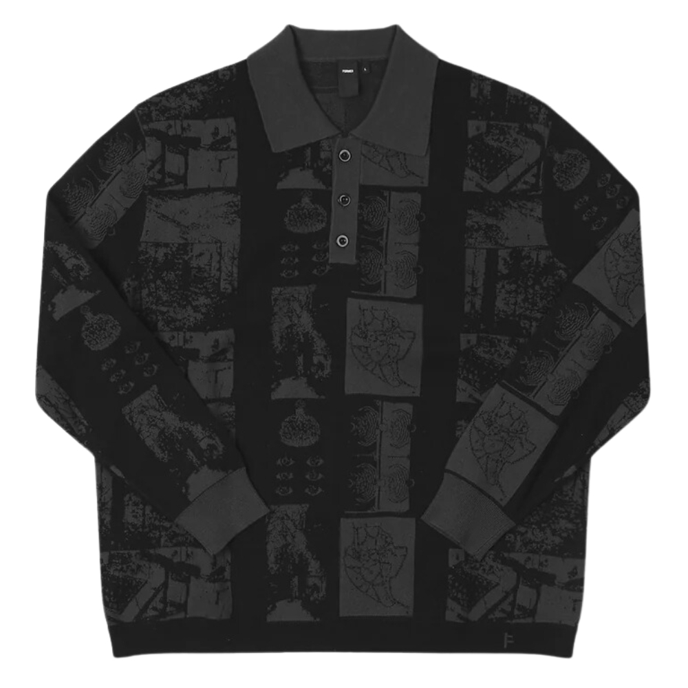 Former Requiem Knit Polo Black Grey Long Sleeve Shirt [Size: L]