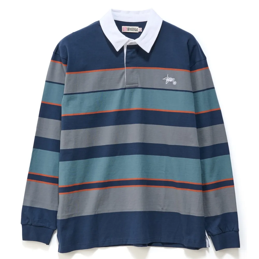 S/Double Variagated Stripe Rugby Navy Long Sleeve Shirt [Size: L]