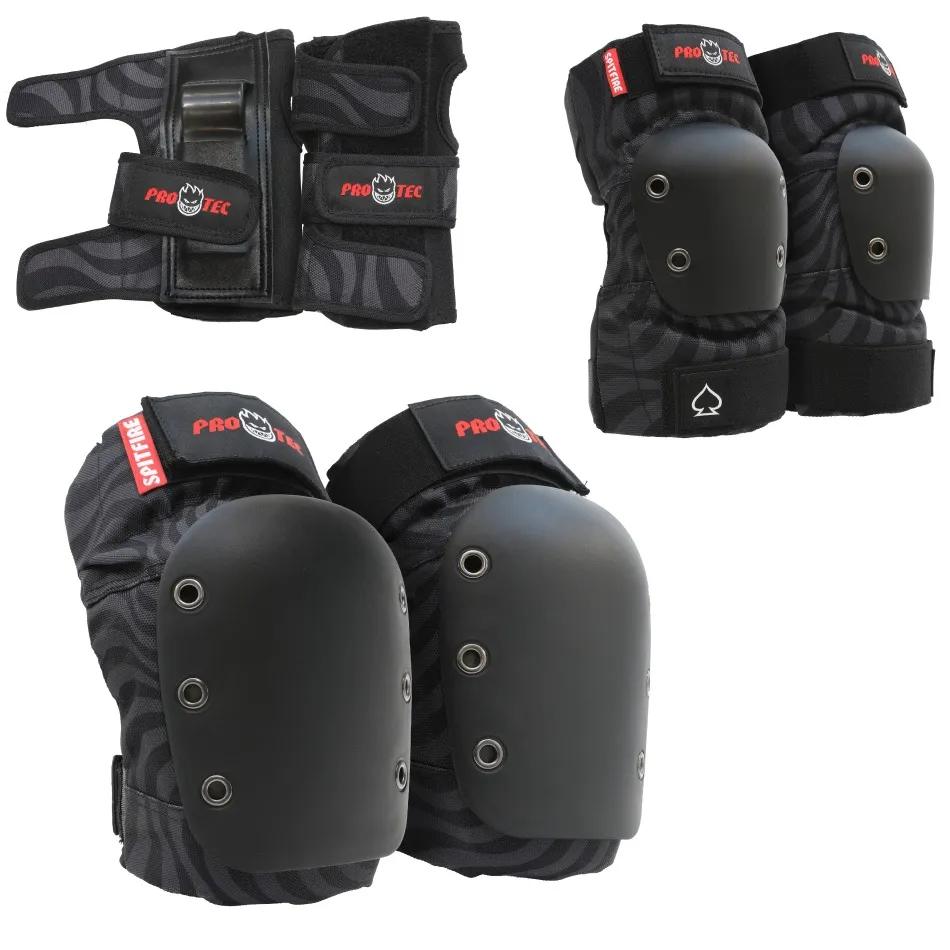 Protec X Spitfire Knee Elbow Wrist Street 3 Pack Black Swirl Youth Protective Pad Set [Size: Youth S]
