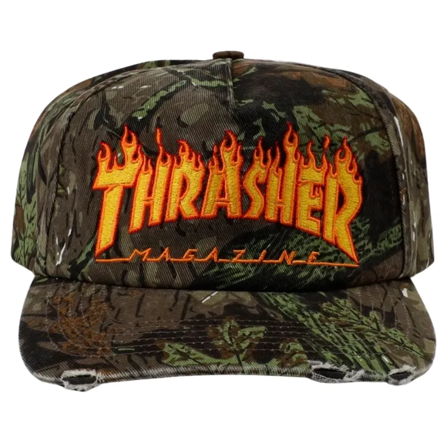 Thrasher Flame Distressed Camo Snapback Hat
