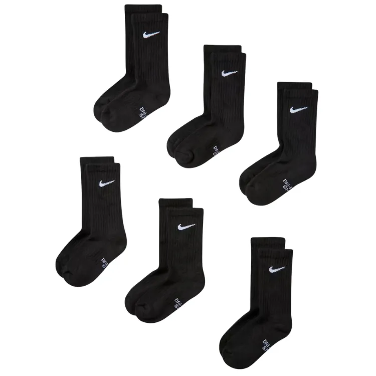 Nike Performance Cushioned Crew Black White 6 Pair Kids Socks [Size: Youth S]